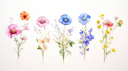 Beautiful hand-painted watercolor flowers showcase a variety of colors and styles, perfect for adding a decorative touch to any artistic project.の素材