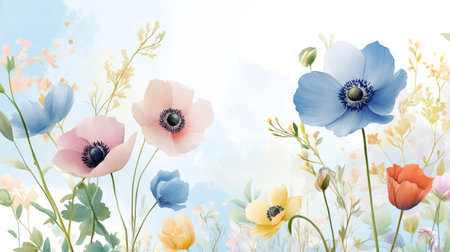 This stunning floral illustration features vibrant poppies and delicate wildflowers in soft colors, creating a serene and artistic atmosphere. Perfect for various design projects.の素材