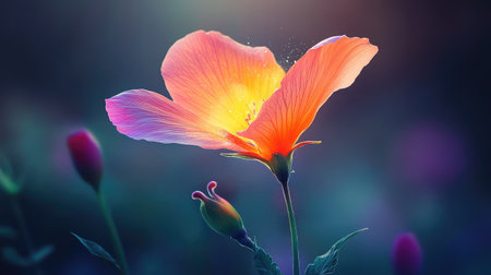 A stunning close-up of a vibrant flower blooming in soft light, showcasing captivating colors and intricate details amidst a serene natural setting.の素材