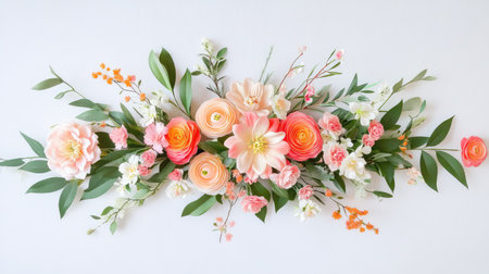 A beautiful floral arrangement featuring soft pink and orange flowers, surrounded by delicate greenery, perfect for spring events and celebrations.の素材
