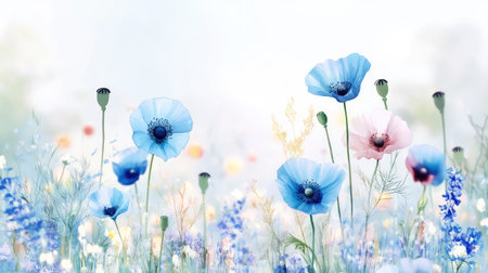 A serene representation of blue and pink poppies in a beautiful floral field, illuminated by soft spring light, offering a refreshing and tranquil ambiance.の素材