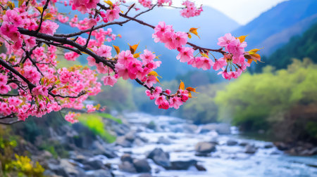 A stunning view of delicate cherry blossoms in full bloom alongside a tranquil river, framed by lush mountains, epitomizing spring's beauty and serenity.の素材