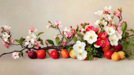 An exquisite display showcasing an array of vibrant flowers and fresh fruits, capturing the essence of nature's beauty in a soft, harmonious backdrop.の素材