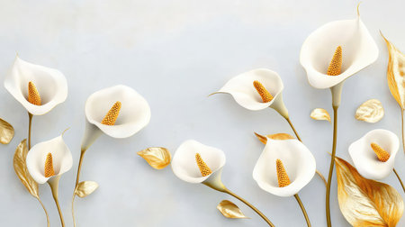 This beautiful image showcases elegant white calla lily flowers accompanied by sophisticated golden leaves, creating a serene and luxurious atmosphere perfect for floral designs and home decor.の素材