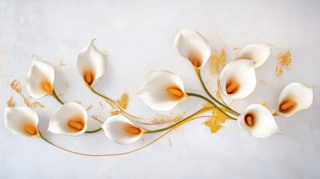 A striking arrangement of elegant calla lilies on a soft background, featuring white petals and subtle yellow tones, perfect for various artistic projects.の素材