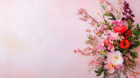 A vibrant floral arrangement featuring an array of pink and red blossoms against a soft pastel background. Perfect for spring or summer themed decor.の素材