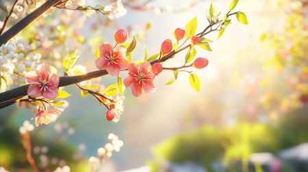 This stunning close-up image features a cherry blossom tree branch adorned with pink flowers and fresh leaves, beautifully illuminated by gentle spring sunlight.の素材