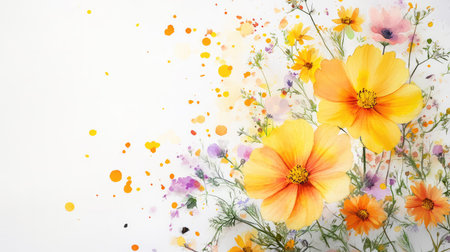 A stunning watercolor artwork featuring vibrant yellow and orange flowers complemented by purple accents, perfect for adding a touch of nature and elegance.の素材