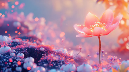 A stunning pink flower stands gracefully amidst a dreamy landscape, radiating soft light and vibrant colors, creating a serene and enchanting atmosphere.の素材