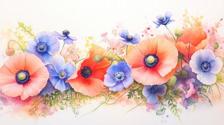 This beautiful watercolor artwork showcases a vibrant arrangement of poppies and anemones. The pastel tones and delicate details create a peaceful and charming atmosphere, perfect for enhancing any space.の素材