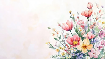 A stunning watercolor illustration of a vibrant floral arrangement featuring beautiful flowers and delicate petals against a soft background, perfect for decoration and inspiration.の素材