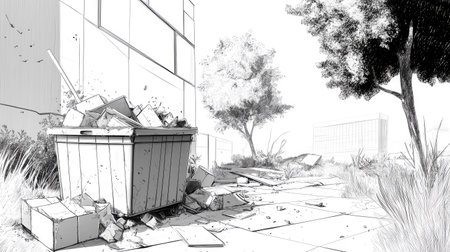 A stark black and white illustration depicting an urban scene featuring a dumpster overflowing with debris, surrounded by overgrown vegetation and an empty pathway.の素材