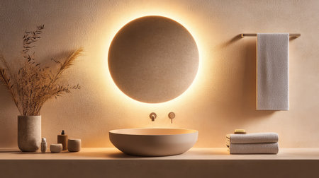 A serene bathroom scene featuring a modern round mirror with soft ambient lighting, elegantly paired with a minimalist washbasin and natural decor elements.の素材