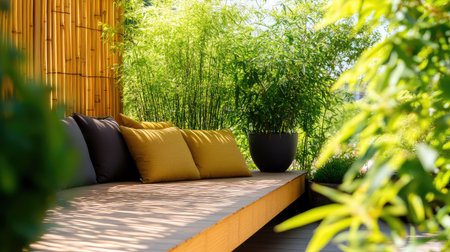 A serene outdoor seating area showcasing plush cushions, surrounded by lush greenery and bamboo, perfect for relaxation and enjoyment in natural light.の素材