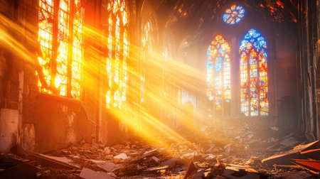 This captivating image showcases ethereal light beams pouring into an abandoned church, illuminating colorful stained glass windows and revealing scattered debris on the floor, creating a haunting yet beautiful atmosphere.の素材