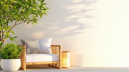 A serene interior scene featuring a bamboo chair with soft cushions next to a lush green plant, warm light, and a tranquil atmosphere perfect for relaxation.の素材