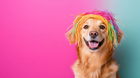This vibrant image captures a happy golden retriever wearing a colorful fringe wig against a stylish pink and blue background. The dog's cheerful expression radiates joy, making it a perfect capture for pet lovers and those seeking fun and playful visuals.の素材