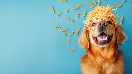 This joyful golden retriever showcases a playful spirit with pasta playfully placed on its head. The vibrant blue background adds to the fun and charm of this delightful pet portrait. Perfect for showcasing humor and companionship.の素材