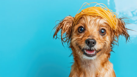 This image features a playful dog with a strand of spaghetti on its head, radiating joy and humor against a vivid blue background.の素材