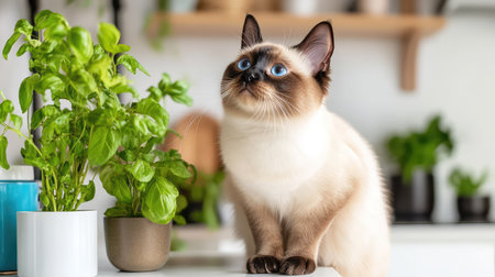 A charming Siamese cat gazes intently at fresh herbs in a stylish kitchen, creating a vibrant and cozy atmosphere that invites relaxation and joy.の素材