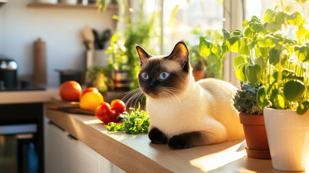 A charming Siamese cat rests gracefully on a kitchen counter, surrounded by vibrant plants and fresh vegetables, basking in warm sunlight.の素材