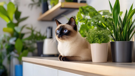 A serene Siamese cat sits gracefully on a wooden shelf, surrounded by lush green plants that enhance a modern home atmosphere. The bright light creates a warm, inviting scene.の素材