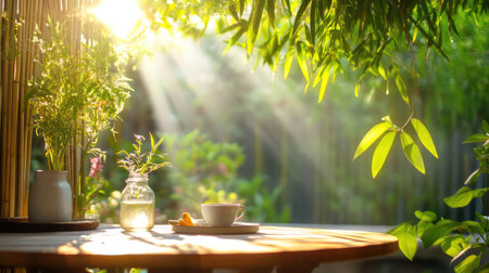 A serene morning scene captures sunlight filtering through vibrant green leaves, illuminating a cozy wooden table adorned with a cup of tea and a decorative jar of flora.の素材