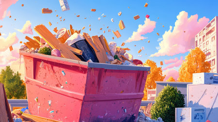 A vibrant urban scene showcasing a pink dumpster overflowing with litter under a stunning blue sky, symbolizing waste challenges in modern cities.の素材