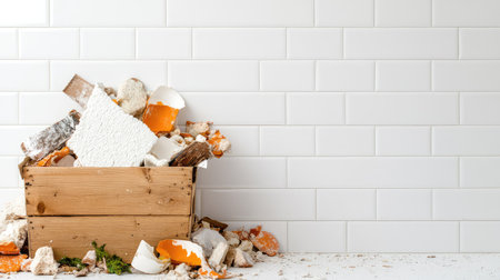 A wooden crate overflowing with construction debris, including tiles and fragments, sits against a clean white tiled wall, illustrating renovation chaos.の素材