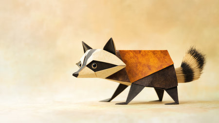This image showcases a handcrafted origami model of a raccoon with vibrant colors, set against a soft, subtle background, embodying creativity and artistry.の素材
