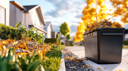 A vibrant autumn scene showcasing a trash bin overflowing with colorful leaves, set against a beautiful residential pathway and clear blue sky.の素材