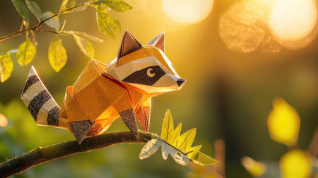 A charming origami fox perched on a branch, surrounded by vibrant leaves, illuminated by warm sunlight, creating a whimsical outdoor scene.の素材