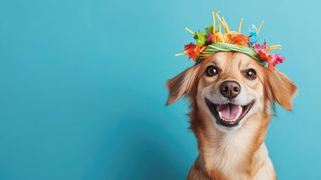 A delightful portrait of a happy dog wearing a colorful floral crown against a vibrant teal background, exuding joy and charm in every detail.の素材