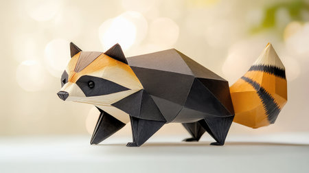A vibrant geometric model of a raccoon crafted from paper, perfect for artistic displays, creative decoration, and playful design elements in various settings.の素材