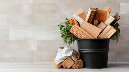 A composition featuring wooden scraps and lush greenery arranged in a black container, set against a neutral textured backdrop, ideal for eco-friendly projects.の素材