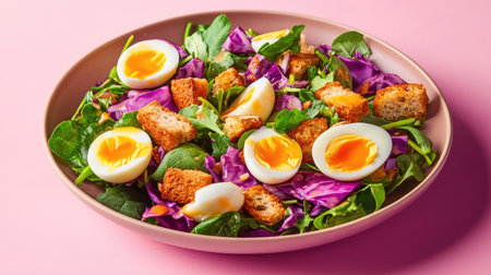 This vibrant salad features fresh spinach, crunchy purple cabbage, soft boiled eggs, and crispy croutons, beautifully arranged on a pink background.の素材