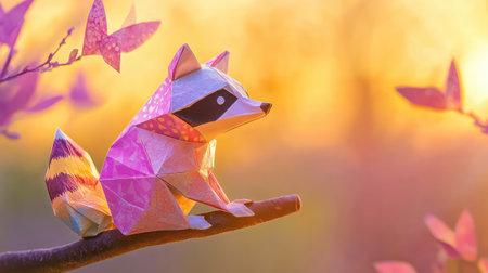 A charming origami raccoon sits gracefully on a branch, surrounded by vibrant flowers and glowing sunset hues, creating a whimsical nature scene.の素材