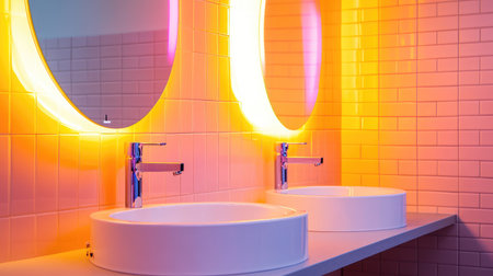 A modern bathroom featuring stylish round mirrors illuminated with vibrant neon lighting. The elegant washbasins and sleek tiles create a visually appealing space, perfect for a contemporary home.の素材