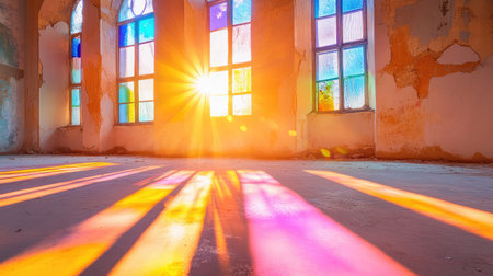 This captivating image showcases radiant sunlight streaming through vibrant stained glass windows in an abandoned space, casting colorful shadows on the ground.の素材