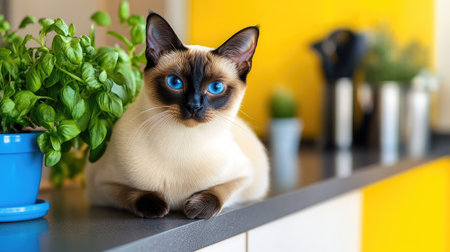 A beautiful Siamese cat with striking blue eyes lounges comfortably on a kitchen counter beside a vibrant green basil plant, creating a cozy home atmosphere.の素材