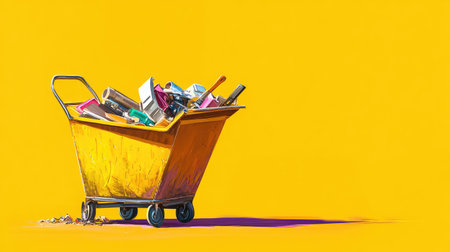 A vibrant yellow backdrop features a wheeled cart brimming with artistic tools and supplies, symbolizing creativity and exciting projects. Perfect for creative themes.の素材