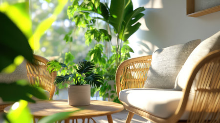 This image showcases a cozy living room featuring stylish rattan furniture and vibrant indoor plants, creating a warm and inviting atmosphere filled with natural light.の素材