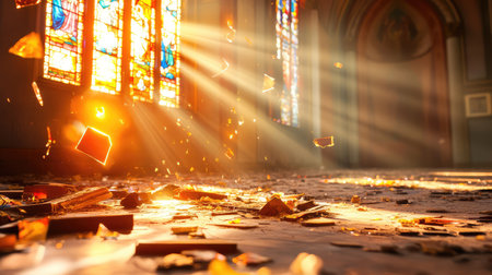 A serene scene capturing golden sunlight streaming through stained glass windows in an abandoned church, with shattered glass adorning the floor.の素材