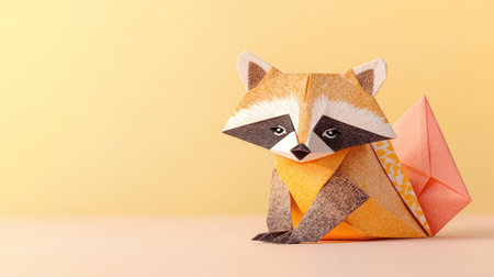 This vibrant origami raccoon is beautifully crafted, showcasing intricate paper folding techniques against a soft yellow background. Perfect for art lovers.の素材