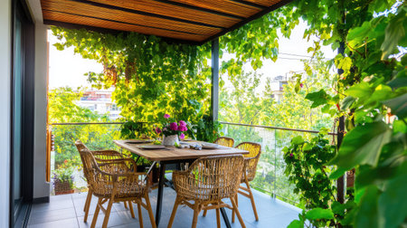 A serene outdoor terrace featuring a stylish wooden table and wicker chairs, enveloped by lush green vines and vibrant flowers, creating a peaceful atmosphere.の素材