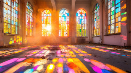 A stunning view of an abandoned room illuminated by bright rays of sunlight streaming through beautifully colored stained glass windows, creating vibrant patterns on the floor.の素材