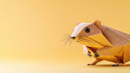 A delightful origami mouse figurine crafted from colorful paper, set against a vivid yellow background, representing creativity and craftsmanship.の素材