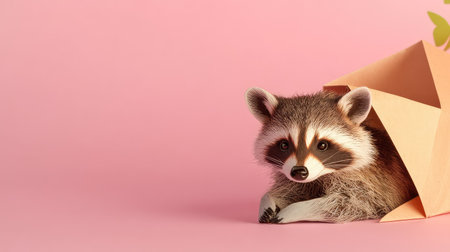 This charming raccoon peeks out of a light envelope against a soft pink background, creating a playful and captivating image perfect for various projects.の素材