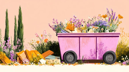 A vibrant pink cart filled with flowers and books sits against a pastel background, creating a cheerful and artistic vibe. Perfect for garden and decor themes.の素材