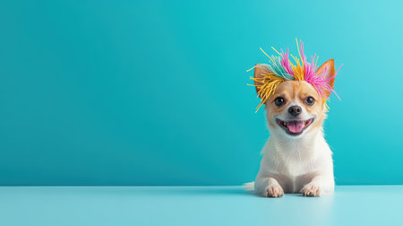 A delightful chihuahua sits against a vibrant blue backdrop, sporting colorful hair accessories that enhance its playful and cheerful demeanor.の素材